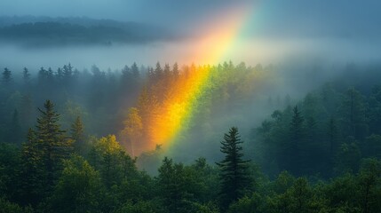 A Vibrant Rainbow Arches Across a Misty Sky Above a Lush Peaceful Forest Landscape