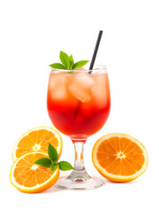 A vibrant cocktail with orange slices and fresh mint leaves on a white background.