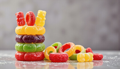 Modern food photo advertisement: A colorful stack of gummy candies towers over a scattering of loose gummies on a gray surface, creating a playful and vibrant scene.