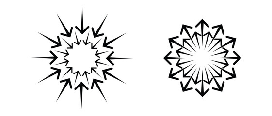 black silhouette inward arrow icon. flat and vintage style inward arrow on white background.