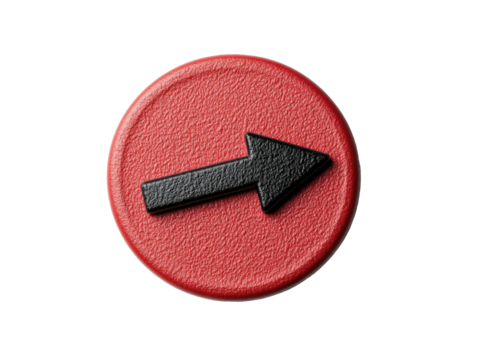 Red circular button with a black right arrow for guidance, cut out