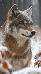 Fototapeta premium Frustrated wild wolf standing in deep snowy landscape sniffing cold ground for prey amid winter mist