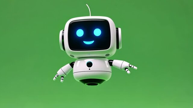 Friendly Floating Robot: White Robot with Blue Eyes Against Green Screen