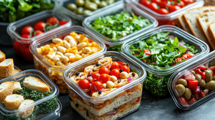 Healthy Mediterranean buffet arrangement in plastic containers with cherry tomatoes, leafy greens, beans, olives, and fresh vegetables, perfect for meal prep or catering. Top view,