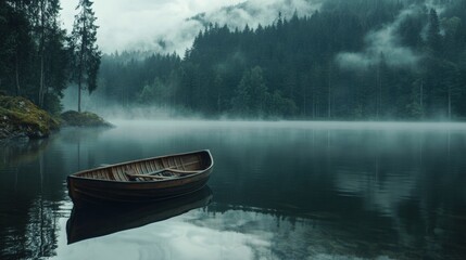 A small wooden boat floating on a still lake covered in dense mist, creating a serene and mysterious scene,