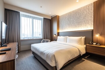 A modern hotel room with bed desk and window views