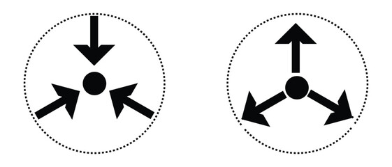 black silhouette inward arrow icon. flat and vintage style inward arrow on white background.