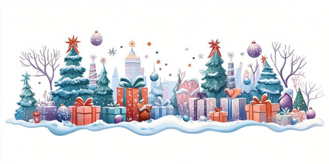 Festive Gift City: A whimsical illustration of a snow-covered cityscape adorned with decorated Christmas trees, wrapped presents, and delicate ornaments.