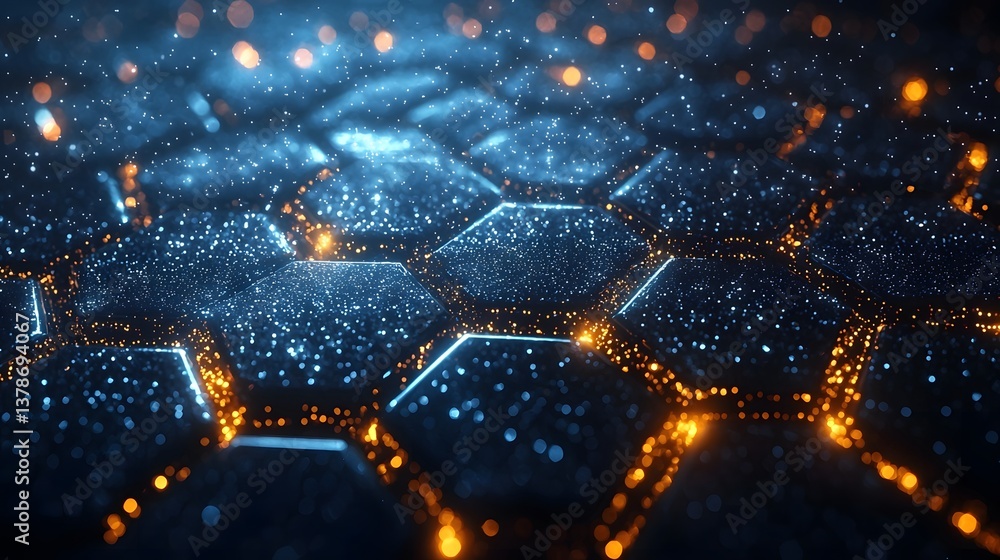 Poster visualized blockchain network of interconnected cubes with dynamic light trails