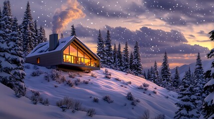 Fototapeta premium A sleek hillside cabin with panoramic views, warmly lit in a winter wonderland, surrounded by snow-laden trees, smoke drifting from the chimney, twilight sky with gentle snowflakes, 32k, 