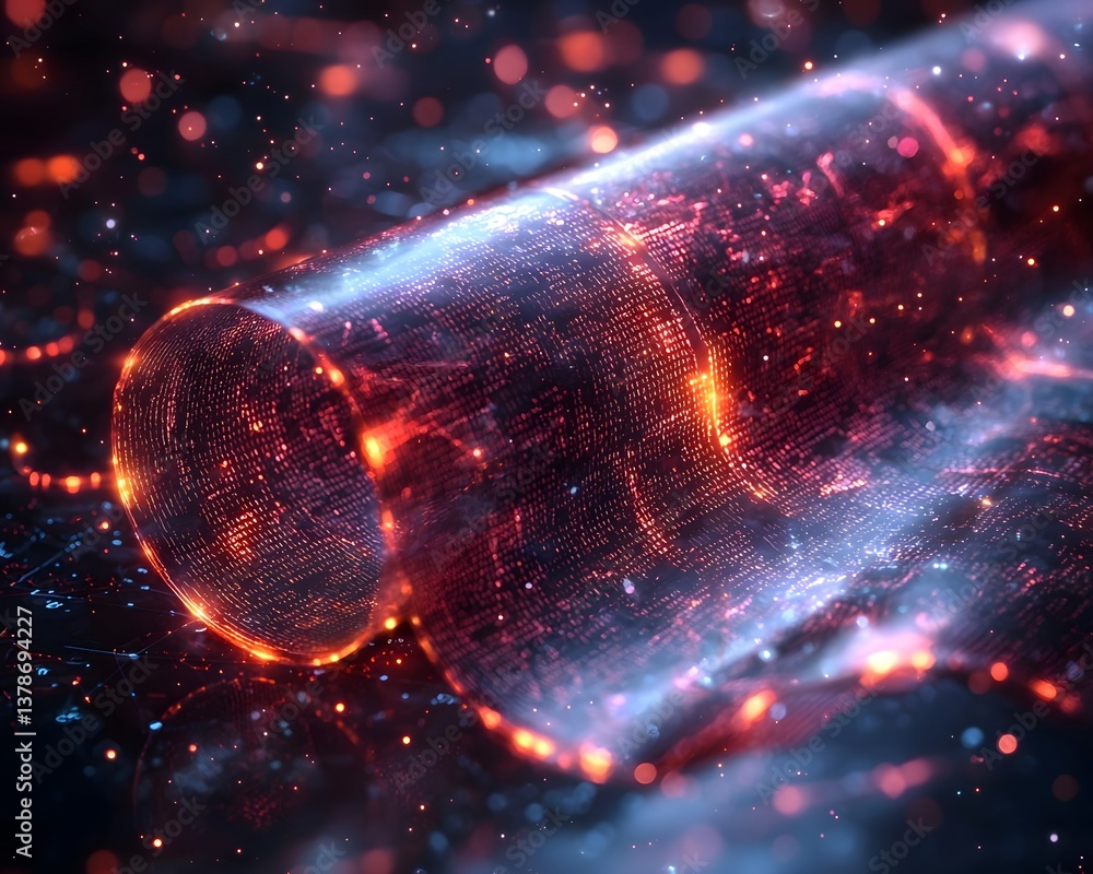 Poster glowing blockchain ledger with encrypted codes floating in the air