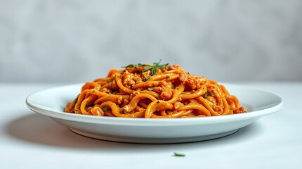 Hearty Udon Noodles with Rich Red Sauce and Fresh Herbs