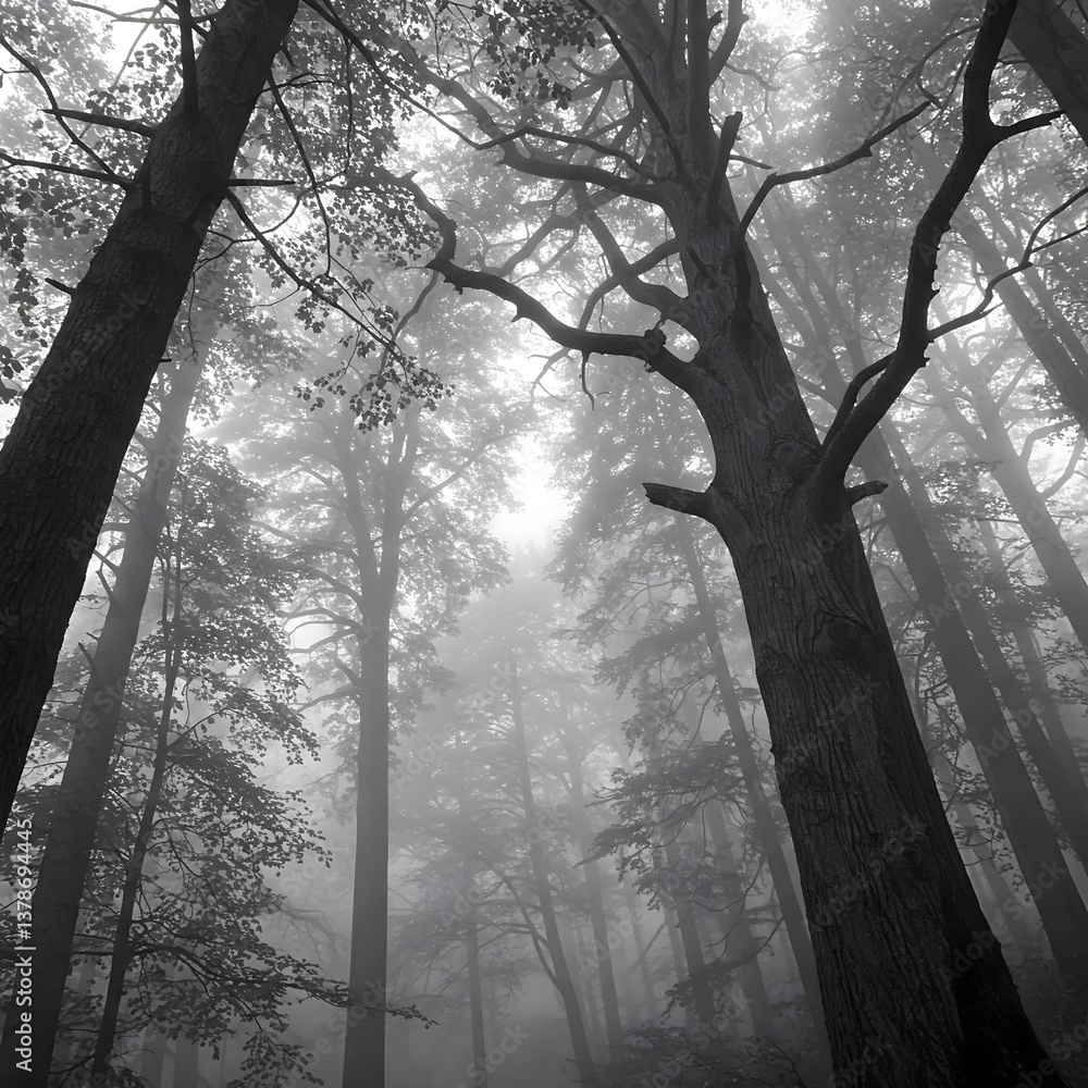 Poster a black and white image of tall trees disappearing into a dense fog, creating a mysterious forest sc