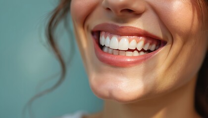 Illustration close-up of happy woman face, open white teeth smile. Healthy perfect smile, dental care, beauty, cosmetics, happiness. Lip gloss, make up, perfect skin face, cheek bones. Dentistry