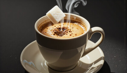 Fototapeta premium Modern food photo advertisement: Steaming hot coffee fills a white cup with a sugar cube perched on the rim, creating a cozy and inviting scene.