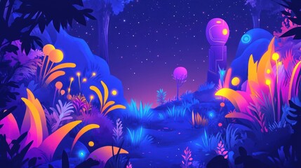 A vibrant illuminated and stylized night scene of a forest