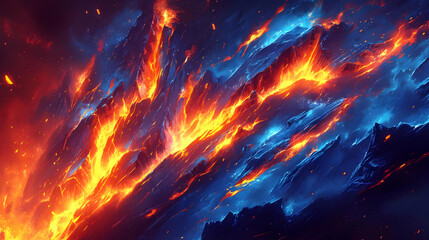 Dynamic Abstract Fractal Art with Fiery Orange and Cool Blue Energy Explosion Background for Modern Digital Design and Decoration