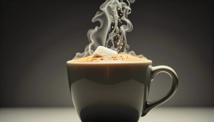 Modern food photo advertisement: Steaming hot chocolate with a sugar cube dissolving in the rising vapor creates a cozy and inviting scene.
