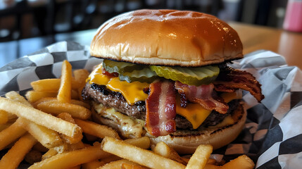 A mouthwatering grilled burger with melted cheese, crispy bacon, and fresh pickles, served with a side of golden fries.