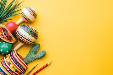 Cinco de Mayo holiday background. Maracas, cactus and hat on yellow background