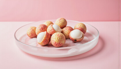 Modern food photo advertisement: A cluster of fresh lychees, some peeled to reveal their translucent white flesh, rests on a pink glass plate against a soft pink backdrop.
