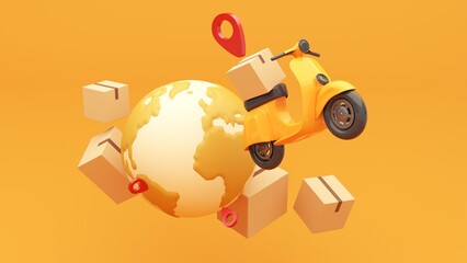 Sealed cardboard box for delivery of orders, goods, items around the world on scooter- 3d render. Delivery concept, parcel, mail, online order. Packaging with red geotag. Transportation and logistic