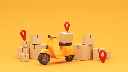 Sealed cardboard box for delivery of orders, goods, items around the world on scooter- 3d render. Delivery concept, parcel, mail, online order. Packaging with red geotag. Transportation and logistic