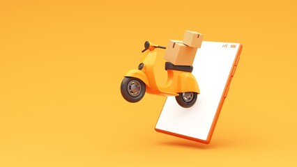 Sealed cardboard box for delivery of orders, goods, items around the world on scooter- 3d render. Delivery concept, parcel, mail, online order. Packaging with red geotag. Transportation and logistic