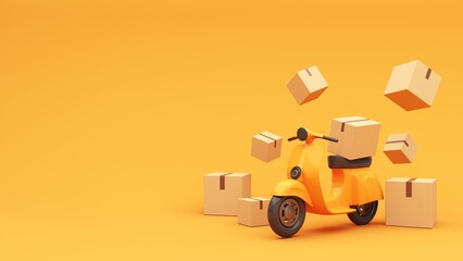 Sealed cardboard box for delivery of orders, goods, items around the world on scooter- 3d render. Delivery concept, parcel, mail, online order. Packaging with red geotag. Transportation and logistic