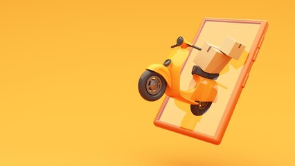 Sealed cardboard box for delivery of orders, goods, items around the world on scooter- 3d render. Delivery concept, parcel, mail, online order. Packaging with red geotag. Transportation and logistic