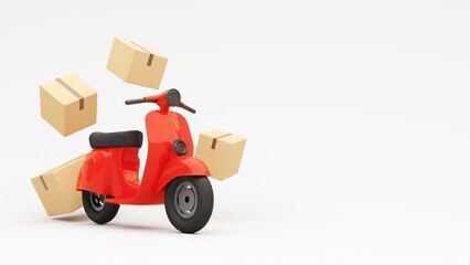 Delivery concept, parcel, mail, online order. Packaging with red geotag. Transportation and logistic. Sealed cardboard box for delivery of orders,goods, items around the world on scototer- 3d render.