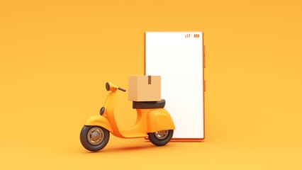 Sealed cardboard box for delivery of orders, goods, items around the world on scooter- 3d render. Delivery concept, parcel, mail, online order. Packaging with red geotag. Transportation and logistic