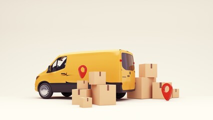 3d render of the concept of fast delivery of parcels around the world by car, plane, scooter. Online shopping. Urgent delivery and logistics. Cargo transportation. Shopping without leaving home.