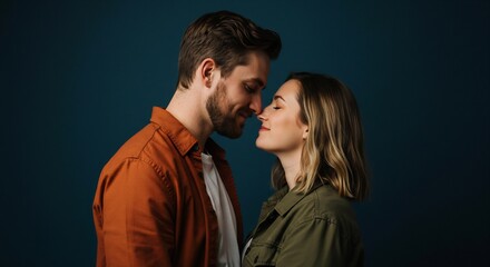 Fototapeta premium Close-up portrait of a young couple in love, gently touching foreheads, against a dark teal background.