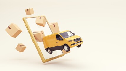 3d render of the concept of fast delivery of parcels around the world by car, plane, scooter. Online shopping. Urgent delivery and logistics. Cargo transportation. Shopping without leaving home.