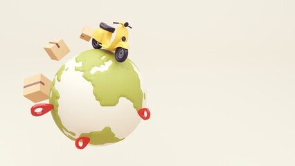 3d render of the concept of fast delivery of parcels around the world by car, plane, scooter. Online shopping. Urgent delivery and logistics. Cargo transportation. Shopping without leaving home.