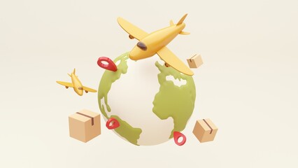 3d render of the concept of fast delivery of parcels around the world by car, plane, scooter. Online shopping. Urgent delivery and logistics. Cargo transportation. Shopping without leaving home.