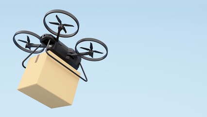 Delivery technologies of the future. 3d render of the concept of fast delivery of parcels using a flying drone. Online shopping. Urgent delivery and logistics. Shopping without leaving home.