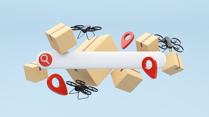 Delivery technologies of the future. 3d render of the concept of fast delivery of parcels using a flying drone. Online shopping. Urgent delivery and logistics. Shopping without leaving home.