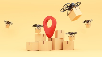 Delivery technologies of the future. 3d render of the concept of fast delivery of parcels using a flying drone. Online shopping. Urgent delivery and logistics. Shopping without leaving home.