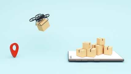 Delivery technologies of the future. 3d render of the concept of fast delivery of parcels using a flying drone. Online shopping. Urgent delivery and logistics. Shopping without leaving home.