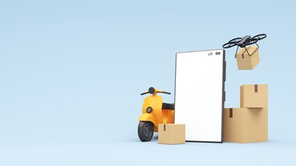 Delivery technologies of the future. 3d render of the concept of fast delivery of parcels using a flying drone. Online shopping. Urgent delivery and logistics. Shopping without leaving home.