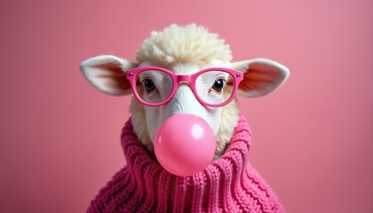 Sheep wearing pink glasses and knitted sweater blowing bubble gum. Cute, whimsical animal portrait. Fun, colorful studio shot on pink background. Creative concept, leisure time, joy and happiness.