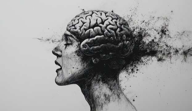 Abstract illustration of a woman's profile with an exploding brain, symbolizing creativity and thought.