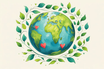 Watercolor Earth Globe Surrounded by Green Leaves Wreath in Sustainable Environment