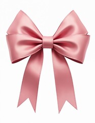 Elegant pink satin ribbon bow design on white. Decorative gift element, perfect for wedding invitation or birthday card design. Glamourous accessory for celebration events. Luxury bow for any project.