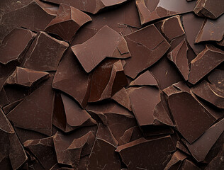 High-resolution close-up image depicting a dense collection of irregularly shaped, broken pieces of dark chocolate.  The pieces vary slightly in size and shape, creating a textured surface with