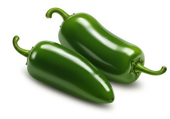 Two green jalapeño peppers isolated on a white background with stems and smooth shiny skin texture transparent background