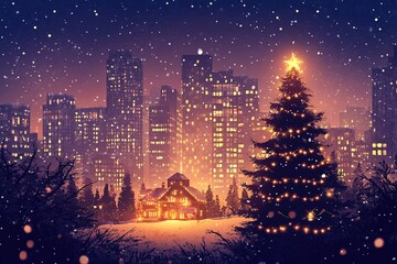 Naklejka premium city with cristmas view, christmas concept house, cristmas bright lights, new year evening, beautiful christmas tree, AI Generative Illustration Graphic Design Art