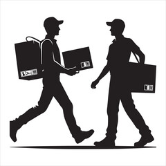 Courier Delivering Carrying Box Silhouette on isolated white background